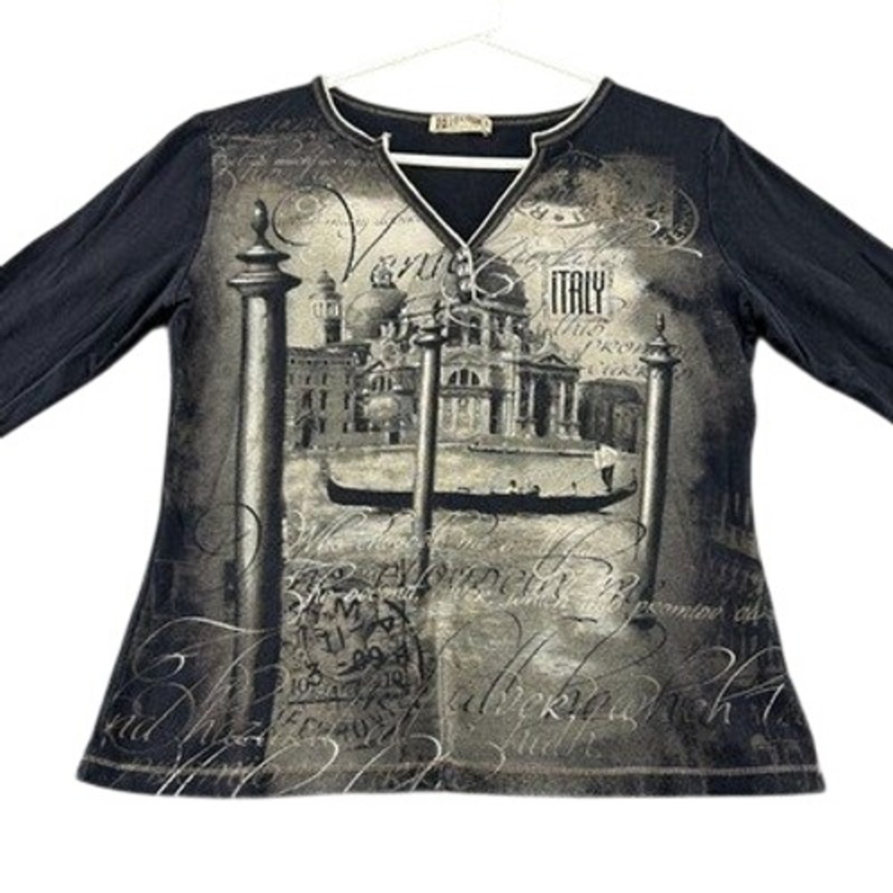 Blue Canyon Venice Italy Graphic Print Top Navy Blue Rhinestone Accent Large